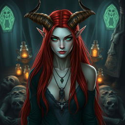 A tall and slender Tiefling woman with fiery red hair flowing down her back and slightly bluish pale skin