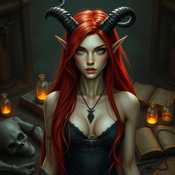A tall and slender Tiefling woman with fiery red hair flowing down her back and slightly bluish pale skin