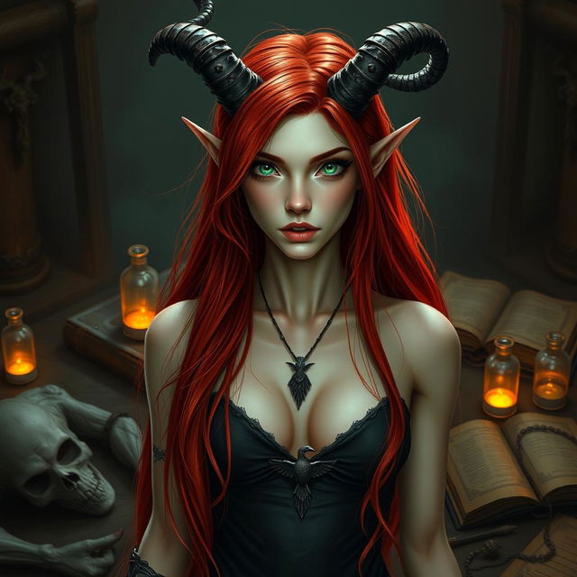 A tall and slender Tiefling woman with fiery red hair flowing down her back and slightly bluish pale skin