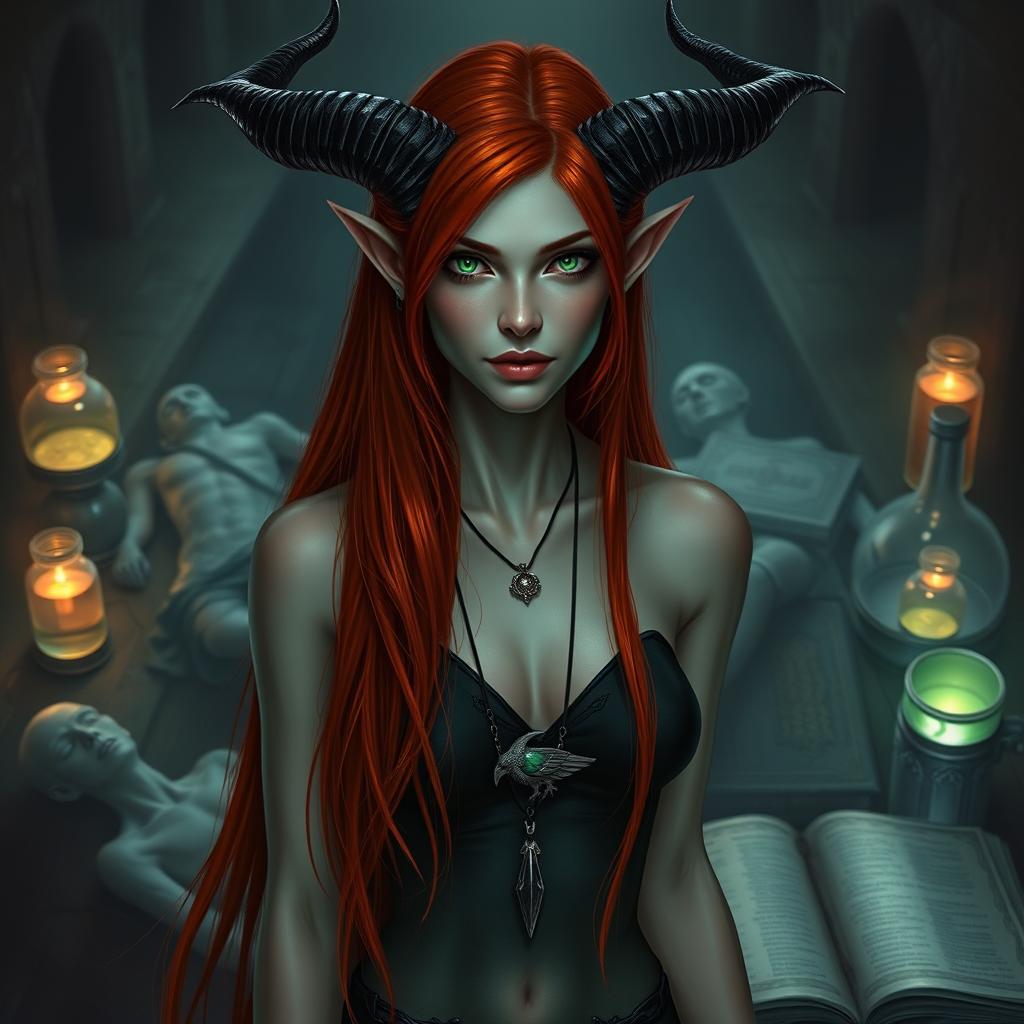 A tall and slender Tiefling woman with fiery red hair flowing down her back and slightly bluish pale skin
