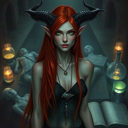A tall and slender Tiefling woman with fiery red hair flowing down her back and slightly bluish pale skin
