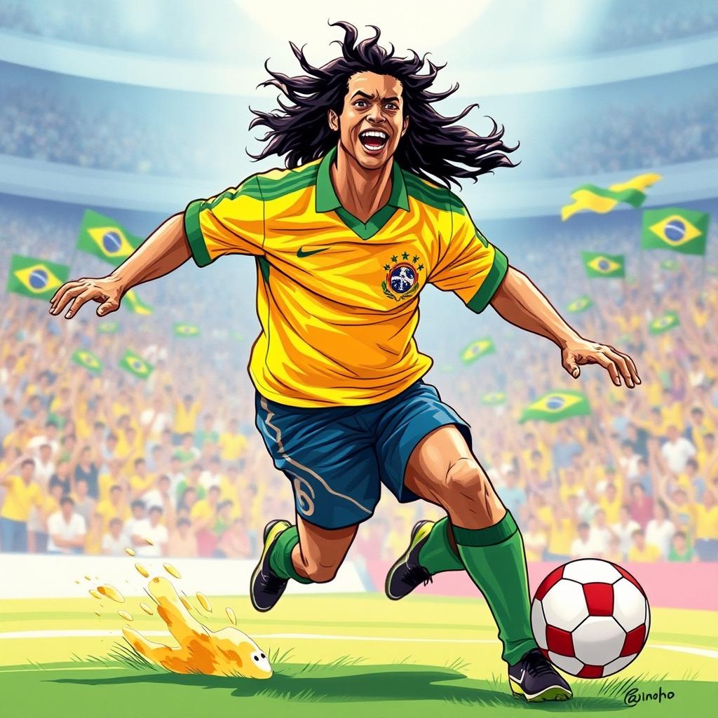 A dynamic illustration of Ronaldinho proudly wearing the Brazil national football team shirt from 1990