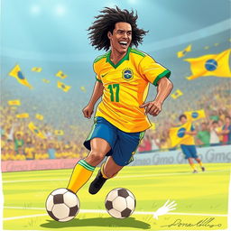 A dynamic illustration of Ronaldinho proudly wearing the Brazil national football team shirt from 1990