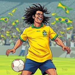 A dynamic illustration of Ronaldinho proudly wearing the Brazil national football team shirt from 1990