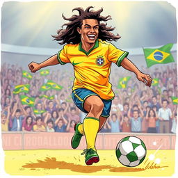 A dynamic illustration of Ronaldinho proudly wearing the Brazil national football team shirt from 1990