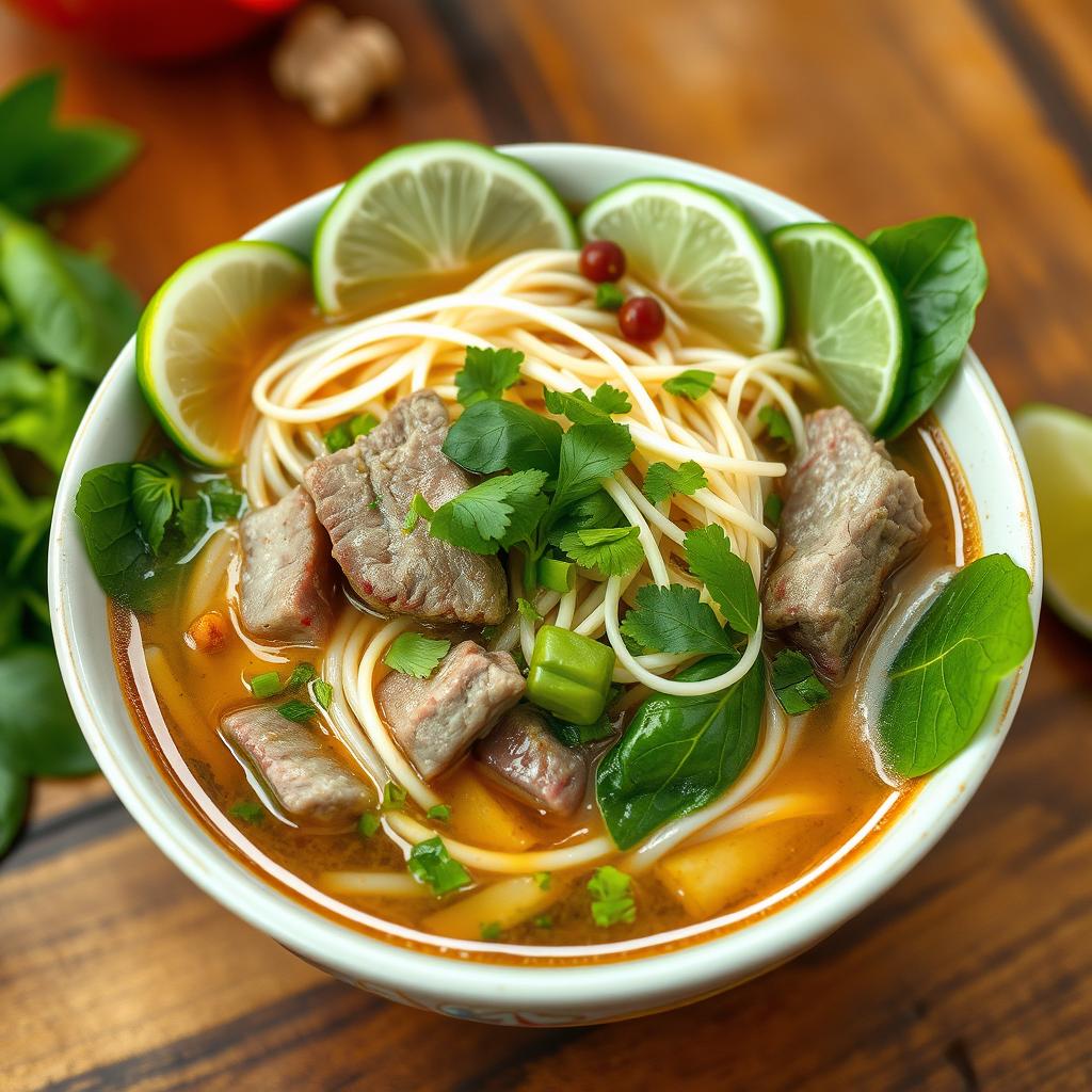 A steaming bowl of traditional Vietnamese phở, filled with delicious, translucent noodles, aromatic herbs, and slices of juicy beef, topped with fresh bean sprouts, basil leaves, and lime wedges