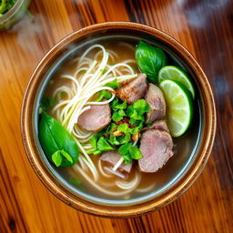 A steaming bowl of traditional Vietnamese phở, filled with delicious, translucent noodles, aromatic herbs, and slices of juicy beef, topped with fresh bean sprouts, basil leaves, and lime wedges