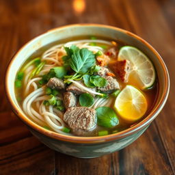 A steaming bowl of traditional Vietnamese phở, filled with delicious, translucent noodles, aromatic herbs, and slices of juicy beef, topped with fresh bean sprouts, basil leaves, and lime wedges