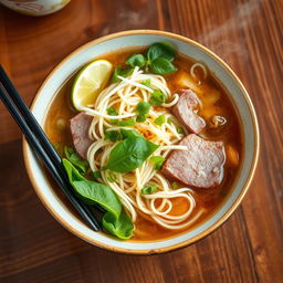 A steaming bowl of traditional Vietnamese phở, filled with delicious, translucent noodles, aromatic herbs, and slices of juicy beef, topped with fresh bean sprouts, basil leaves, and lime wedges