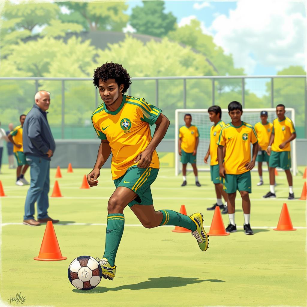 A nostalgic illustration of Ronaldinho training with the Brazil national football team in the 1990s