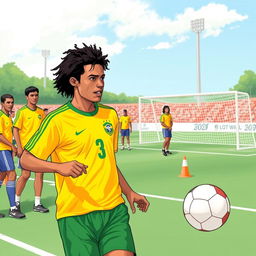 A nostalgic illustration of Ronaldinho training with the Brazil national football team in the 1990s