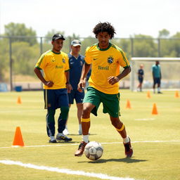 A nostalgic illustration of Ronaldinho training with the Brazil national football team in the 1990s