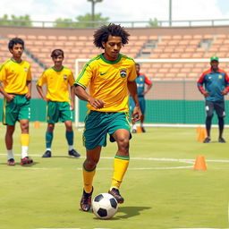 A nostalgic illustration of Ronaldinho training with the Brazil national football team in the 1990s