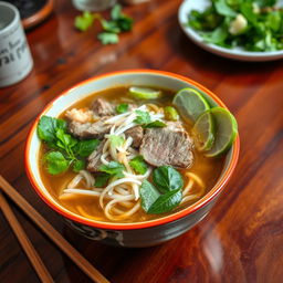 A steaming bowl of traditional Vietnamese Phở, with a rich beef broth, thinly sliced beef, fresh herbs like cilantro and basil, bean sprouts, and lime wedges on the side