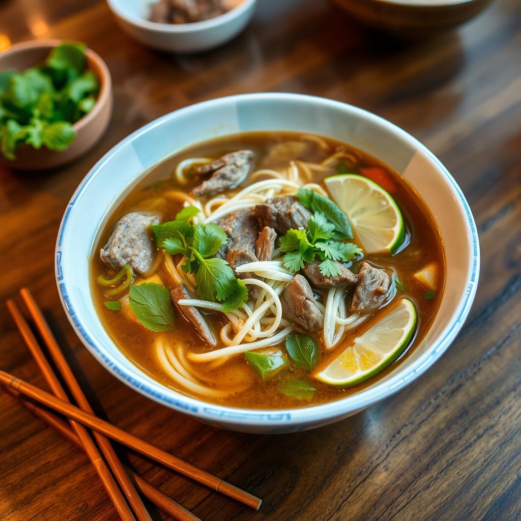 A steaming bowl of traditional Vietnamese Phở, with a rich beef broth, thinly sliced beef, fresh herbs like cilantro and basil, bean sprouts, and lime wedges on the side