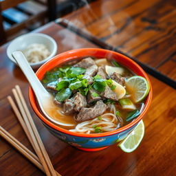 A steaming bowl of traditional Vietnamese Phở, with a rich beef broth, thinly sliced beef, fresh herbs like cilantro and basil, bean sprouts, and lime wedges on the side