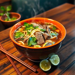 A steaming bowl of traditional Vietnamese Phở, with a rich beef broth, thinly sliced beef, fresh herbs like cilantro and basil, bean sprouts, and lime wedges on the side
