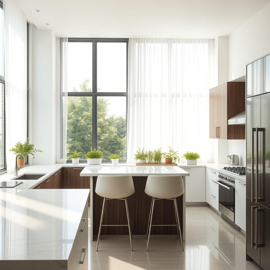A sleek and modern kitchen interior featuring a polished marble countertop and stainless steel appliances