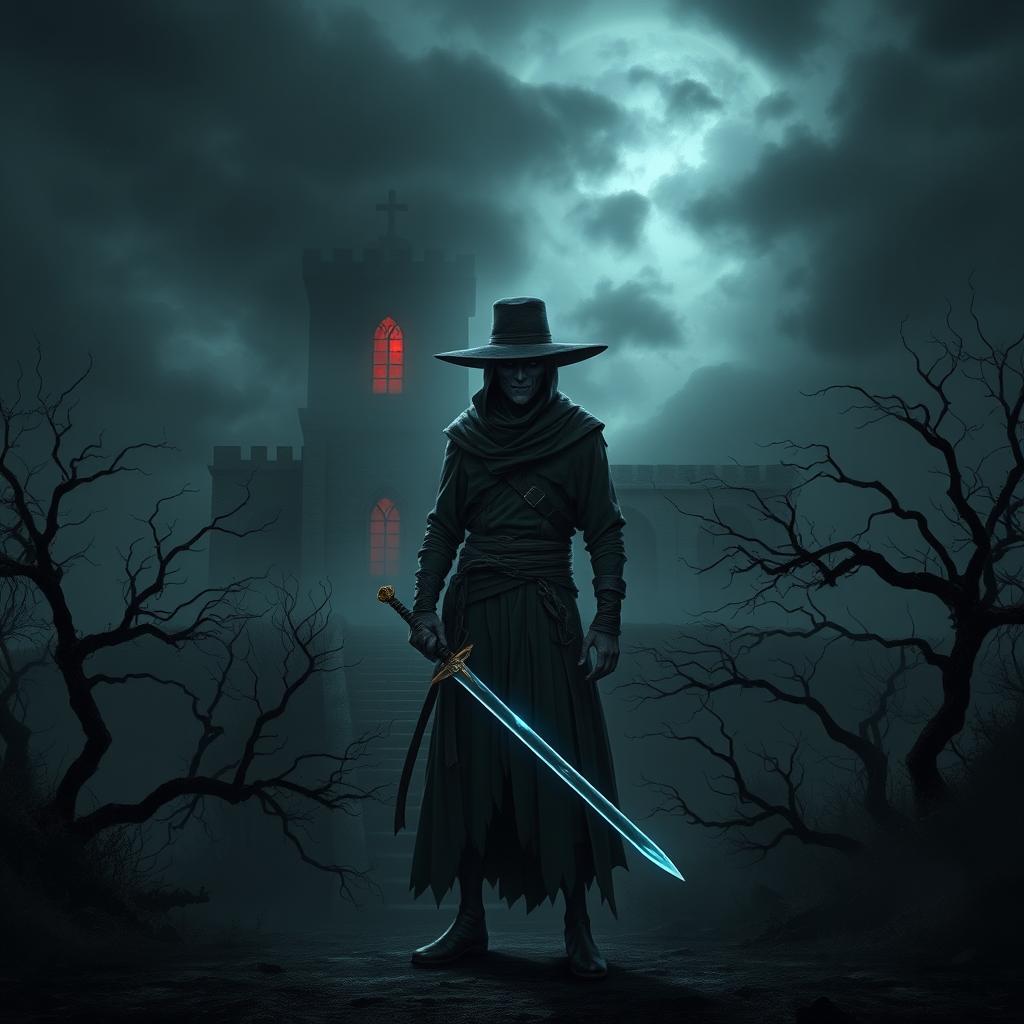 A dark and mysterious setting featuring the Pale Swordsman as the central figure