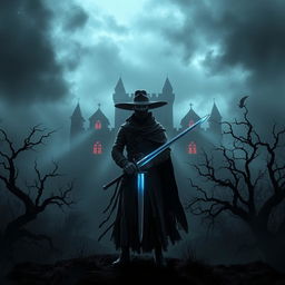 A dark and mysterious setting featuring the Pale Swordsman as the central figure