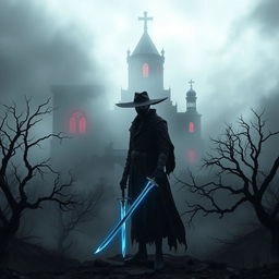 A dark and mysterious setting featuring the Pale Swordsman as the central figure