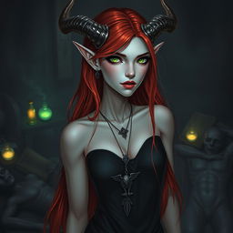 A tall and slender Tiefling woman with fiery red hair flowing down her back and slightly bluish pale skin
