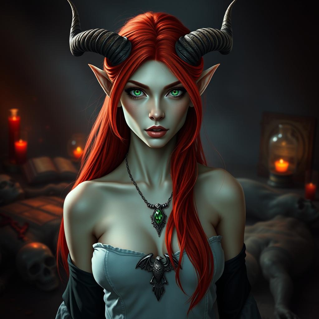 A tall and slender Tiefling woman with fiery red hair flowing down her back and slightly bluish pale skin
