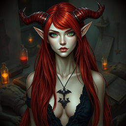 A tall and slender Tiefling woman with fiery red hair flowing down her back and slightly bluish pale skin
