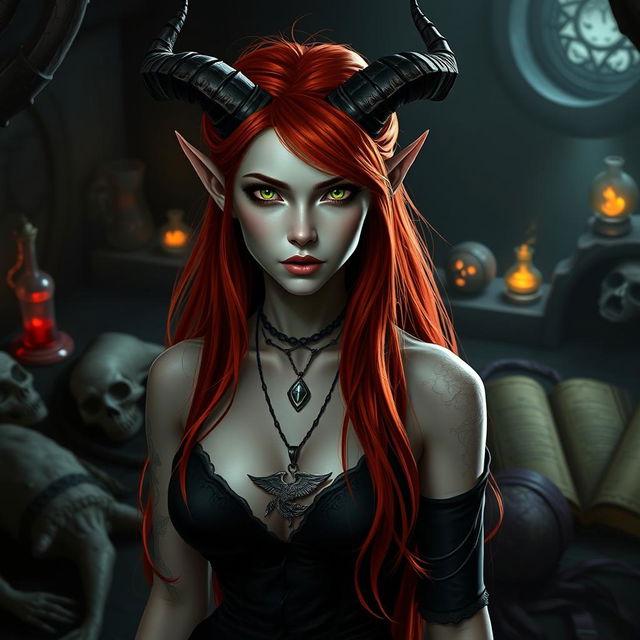 A tall and slender Tiefling woman with fiery red hair flowing down her back and slightly bluish pale skin