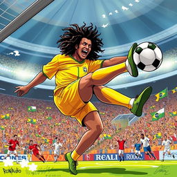 An action-packed illustration of Ronaldinho scoring a stunning goal against England during the World Cup 2002