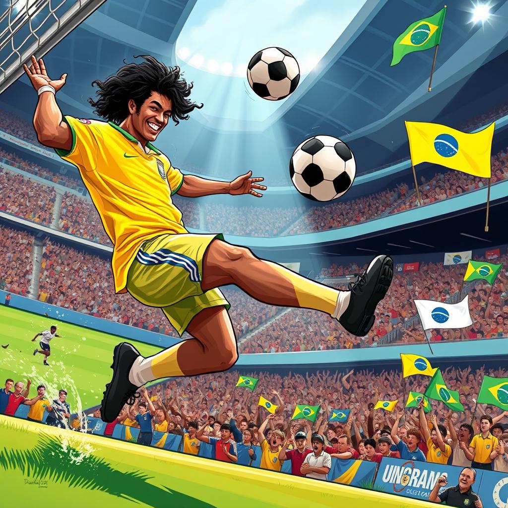 An action-packed illustration of Ronaldinho scoring a stunning goal against England during the World Cup 2002