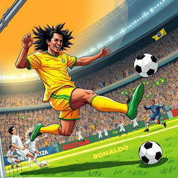 An action-packed illustration of Ronaldinho scoring a stunning goal against England during the World Cup 2002