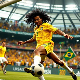 An exhilarating scene capturing Ronaldinho scoring a historic goal against England during the World Cup 2002
