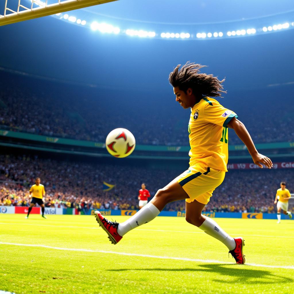 An exhilarating scene capturing Ronaldinho scoring a historic goal against England during the World Cup 2002