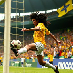 An exhilarating scene capturing Ronaldinho scoring a historic goal against England during the World Cup 2002