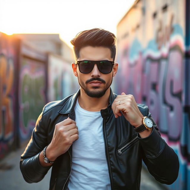A stylish and confident man wearing fashionable sunglasses, striking a cool pose