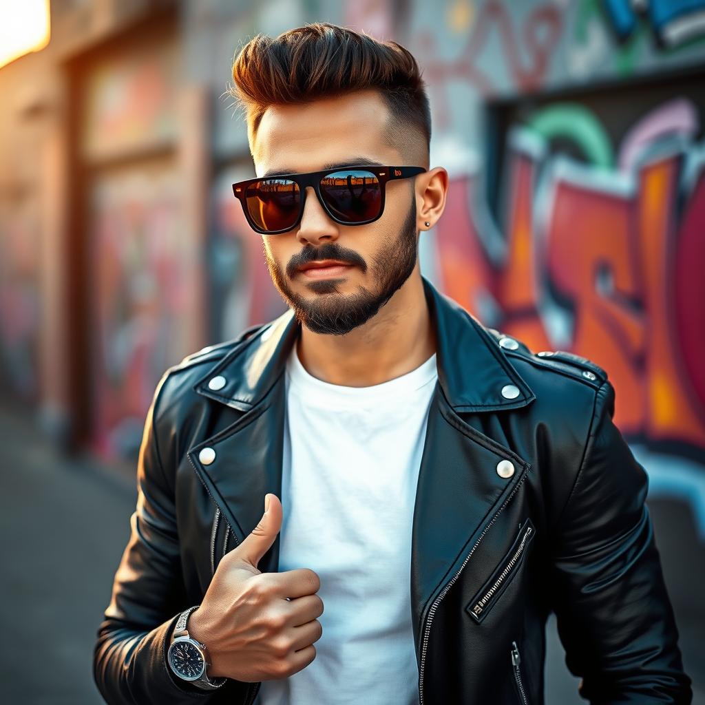 A stylish and confident man wearing fashionable sunglasses, striking a cool pose