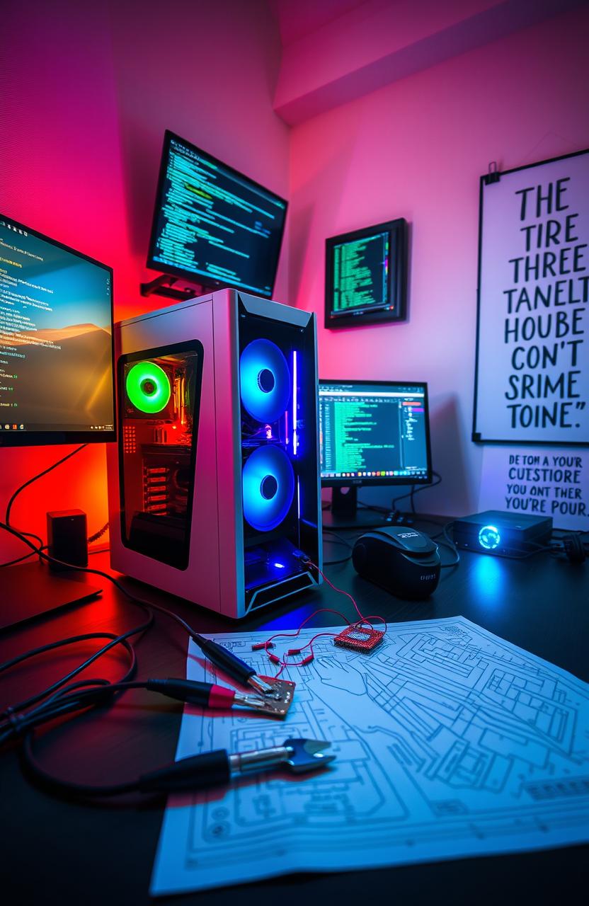 A close-up view of a modern computer project setup, showcasing an organized workspace with a sleek computer tower, dual monitors displaying programming code and design software, colorful LED lights illuminating the area, neatly arranged tools including a soldering iron, wire cutters, and a breadboard, a detailed blueprint laid out on the desk, and a motivational poster on the wall that inspires creativity in technology