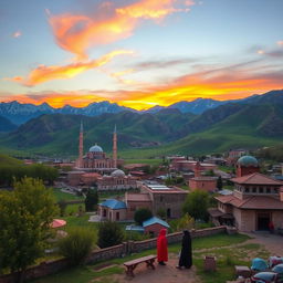 A stunning landscape of Iran's diverse scenery, featuring the majestic mountains of Alborz in the background, dotted with lush green valleys and traditional Persian architecture such as beautifully decorated mosques and ancient structures