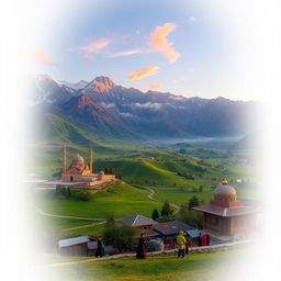 A stunning landscape of Iran's diverse scenery, featuring the majestic mountains of Alborz in the background, dotted with lush green valleys and traditional Persian architecture such as beautifully decorated mosques and ancient structures