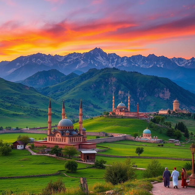 A stunning landscape of Iran's diverse scenery, featuring the majestic mountains of Alborz in the background, dotted with lush green valleys and traditional Persian architecture such as beautifully decorated mosques and ancient structures