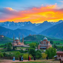 A stunning landscape of Iran's diverse scenery, featuring the majestic mountains of Alborz in the background, dotted with lush green valleys and traditional Persian architecture such as beautifully decorated mosques and ancient structures