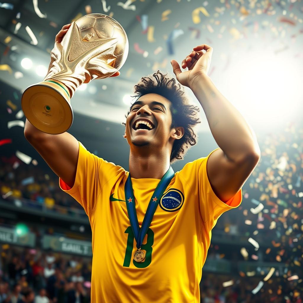 A triumphant scene of Ronaldinho holding the World Cup trophy aloft with joy and pride