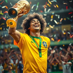 A triumphant scene of Ronaldinho holding the World Cup trophy aloft with joy and pride