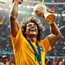 A triumphant scene of Ronaldinho holding the World Cup trophy aloft with joy and pride