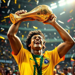 A triumphant scene of Ronaldinho holding the World Cup trophy aloft with joy and pride
