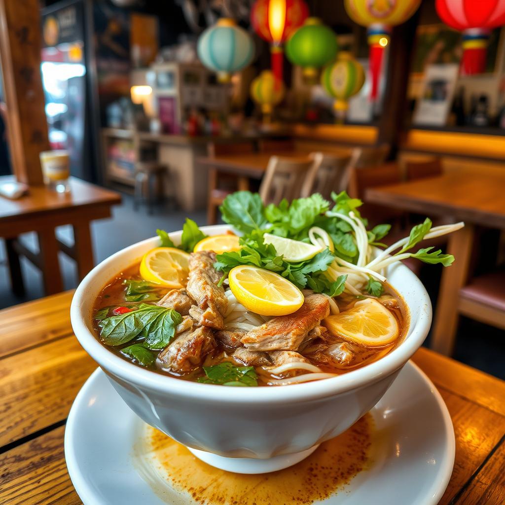 A steaming bowl of traditional Phở, Vietnamese noodle soup, showcasing richly flavored broth with a variety of herbs, lemon slices, and chili peppers