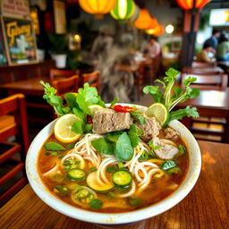 A steaming bowl of traditional Phở, Vietnamese noodle soup, showcasing richly flavored broth with a variety of herbs, lemon slices, and chili peppers