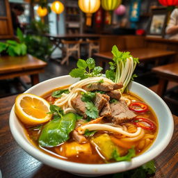 A steaming bowl of traditional Phở, Vietnamese noodle soup, showcasing richly flavored broth with a variety of herbs, lemon slices, and chili peppers