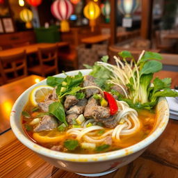 A steaming bowl of traditional Phở, Vietnamese noodle soup, showcasing richly flavored broth with a variety of herbs, lemon slices, and chili peppers